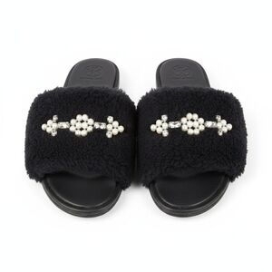 Tory Burch Shearling Slide Slippers • Black • Rhinestone Detail